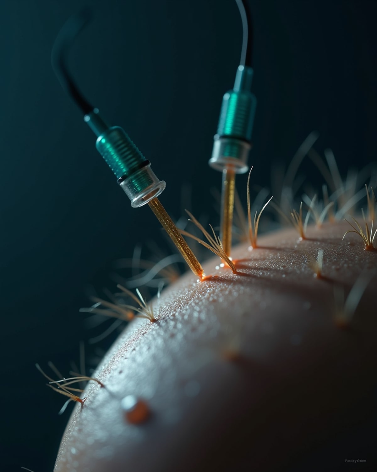 Macro of EEG dry electrodes against a scalp at the hairline.