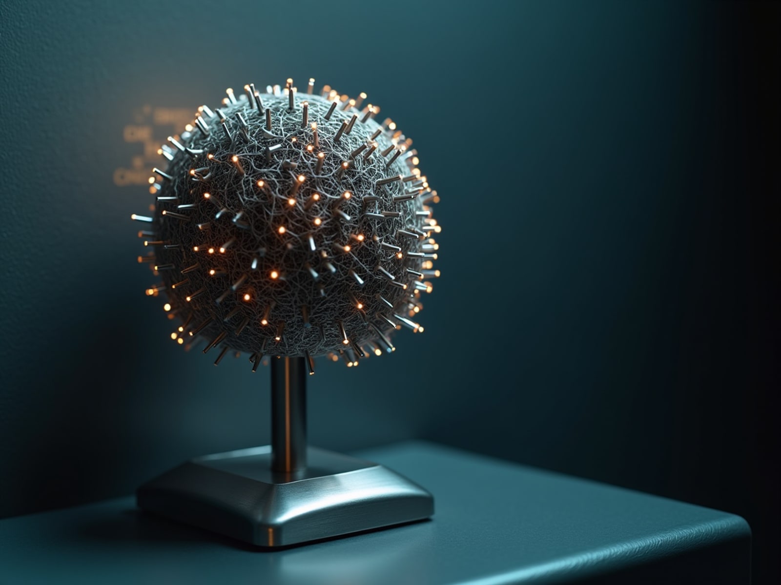 EEG cap on a brushed-metal stand, lit by a single warm amber rim.