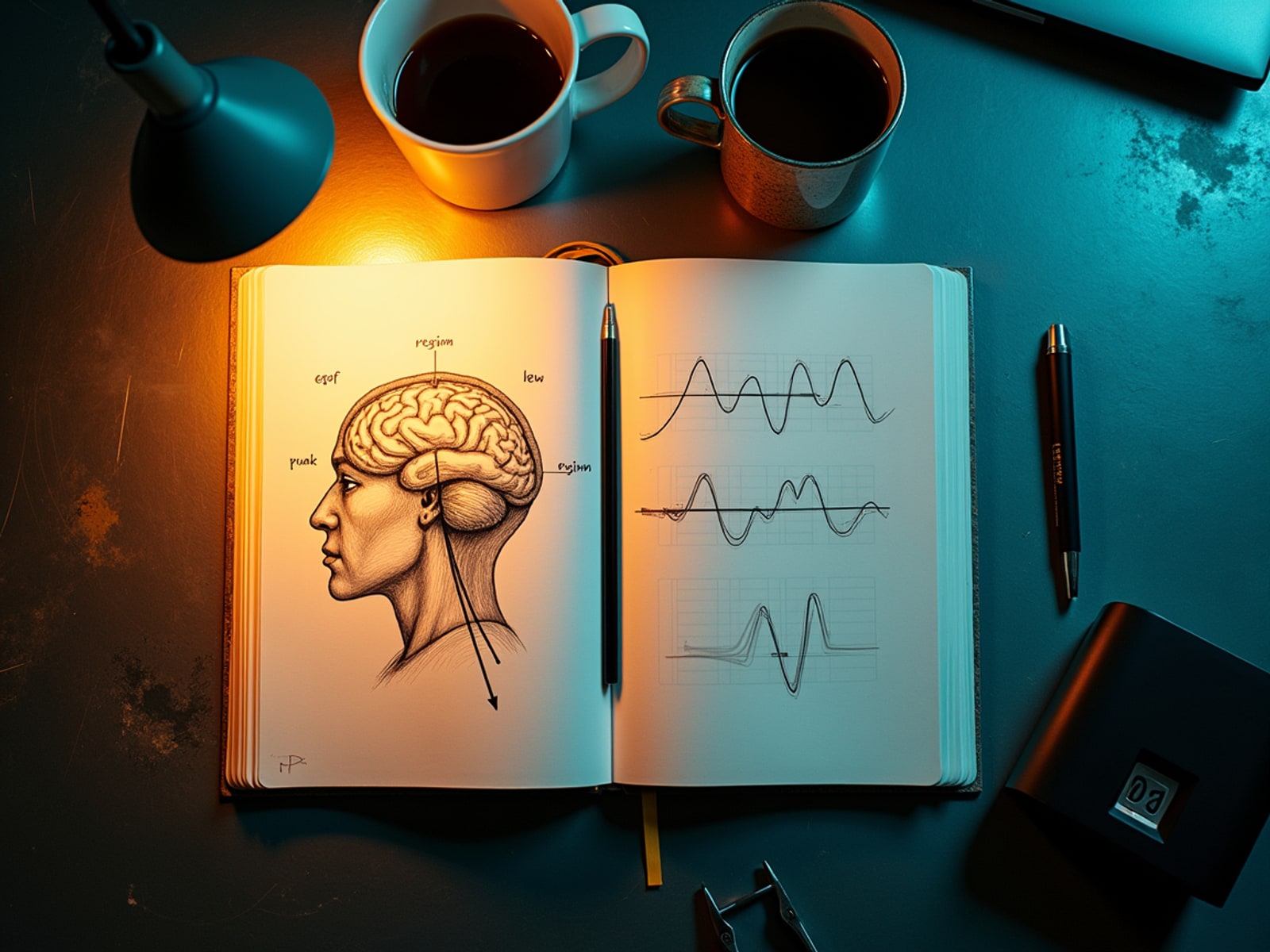 Open notebook with a hand-drawn nervous-system diagram and amber annotation arrow.
