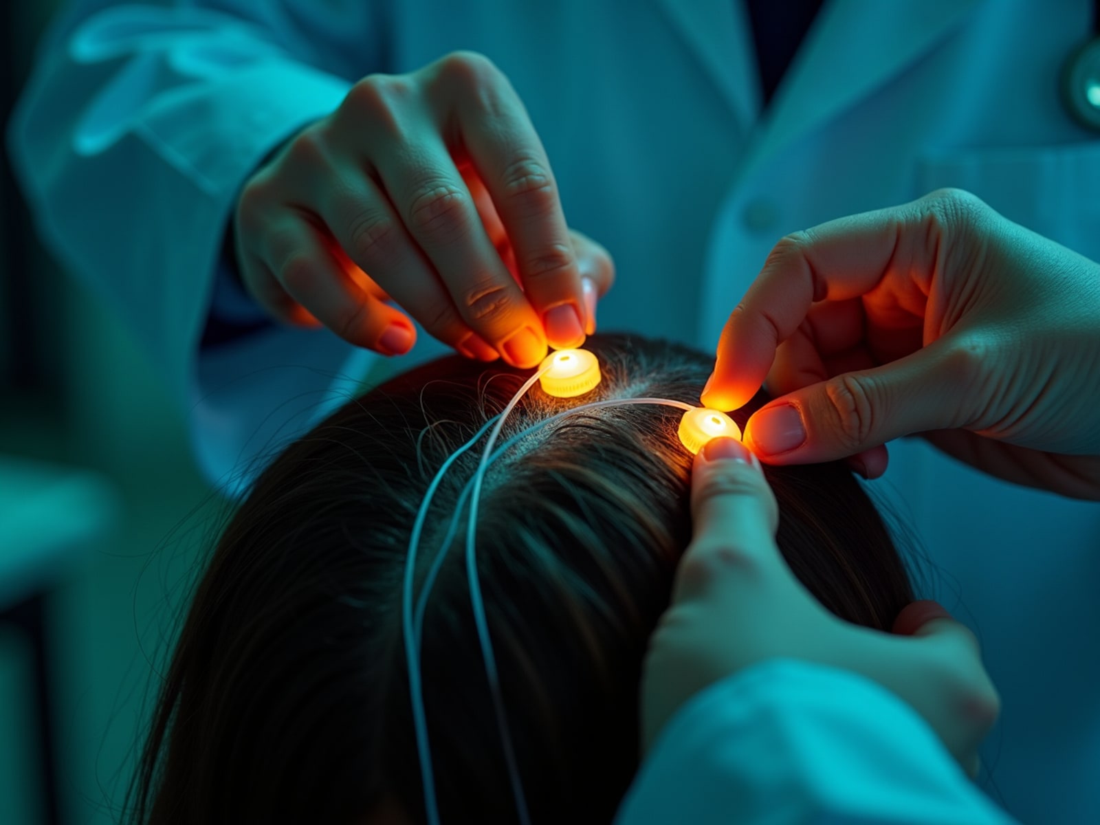 Hands carefully adjusting an EEG cap on someone — the guide at work.