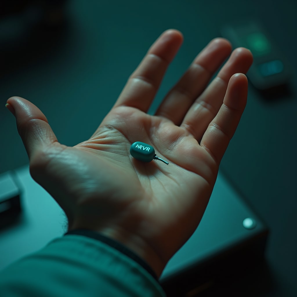 A relaxed, un-clenched hand with a calm pulse trace overlaid in teal.