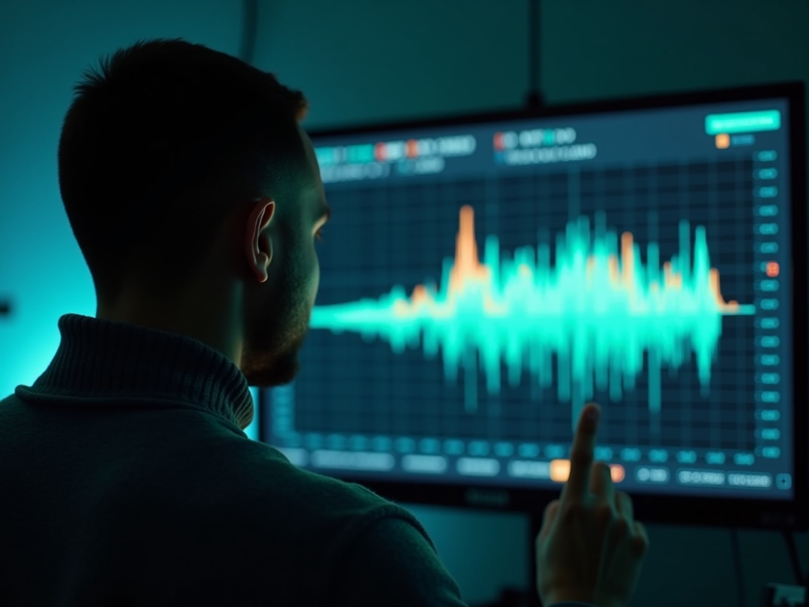 Trainer reviewing live waveform data on a wall-mounted monitor.