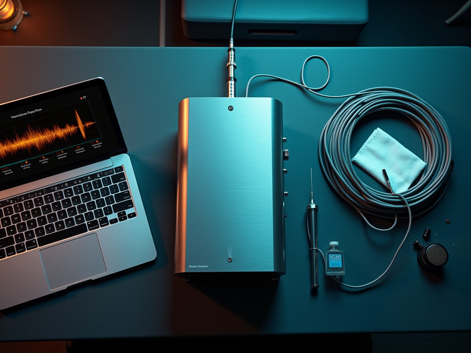 Training space surface from above — VR headset, coiled cables, laptop showing live EEG.